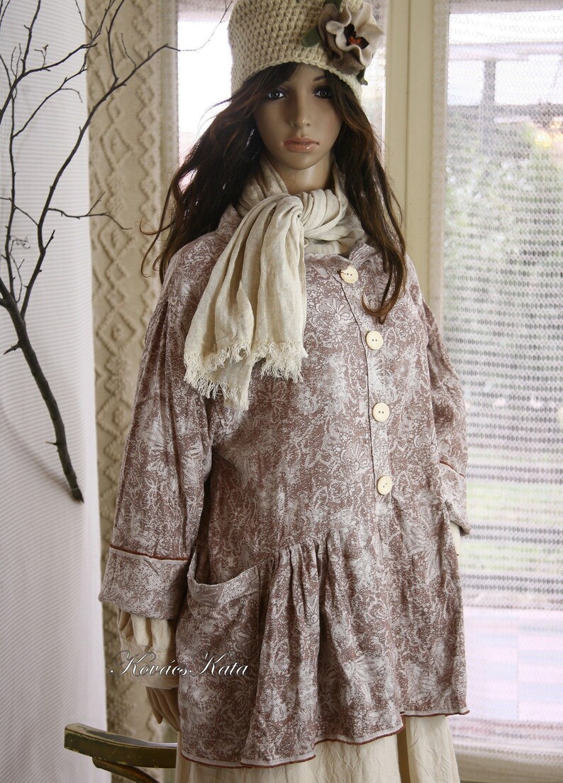 Lagenlook Plus Size Clothing Gracia Coat Bohemian Romantic 100/% Linen Jacquard Jacket with Pockets