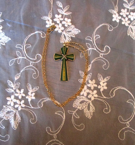 Avon, Faux Jade, Cross Necklace, Religious Jewelr… - image 1
