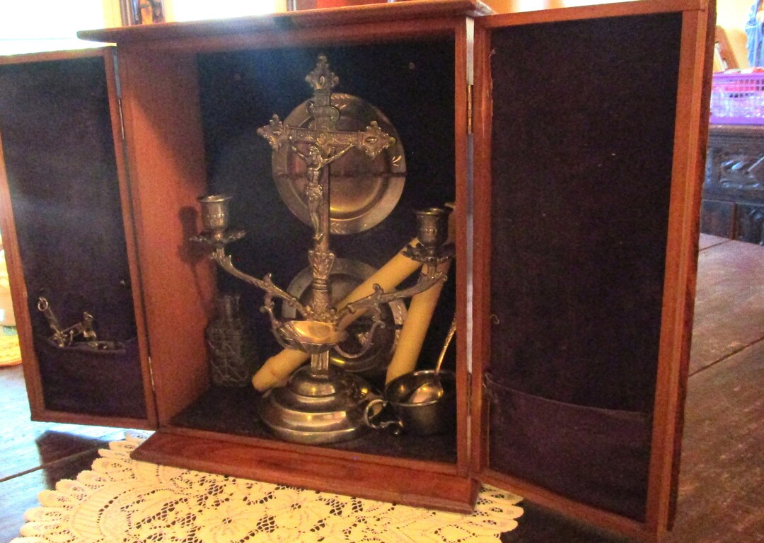 Antique, Last Rites, Oak Box, Vintage Crucifix, Altar Cross, Holy Water ...