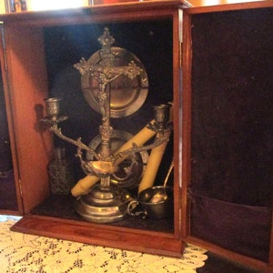 Antique, Last Rites, Oak Box, Vintage Crucifix, Altar Cross, Holy Water ...