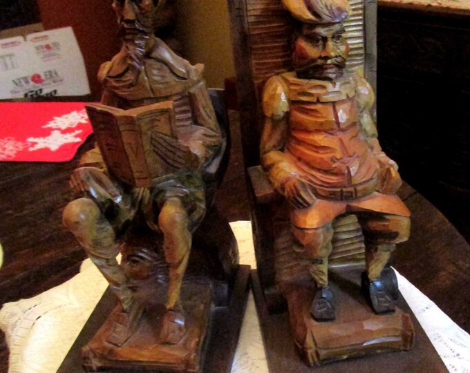 Carved Bookends, Don Quixote, Sancho Panza, Wooden Bookends, Spanish