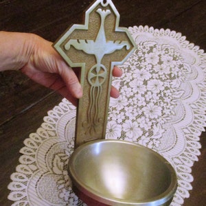 Brass, Holy Water Font, Church Font, Religious Decor, Vintage Religious, Home Worship, Home Altar, Brass Cross, Religious Antiques