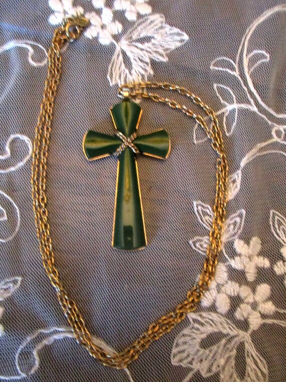 Avon, Faux Jade, Cross Necklace, Religious Jewelr… - image 2