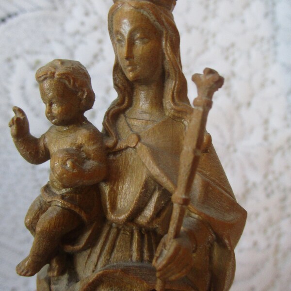 Antique Carving, Carved Madonna, Virgin Mary, Baby Jesus, Queen of Heaven, Religious Carving, Religious Statuary, Religious Figurine