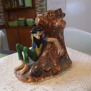 May include: A ceramic figurine depicting a seated gnome leaning against a tree stump. The gnome wears a black cap, blue jacket, yellow shirt, and green pants. The tree stump is brown with a textured surface.