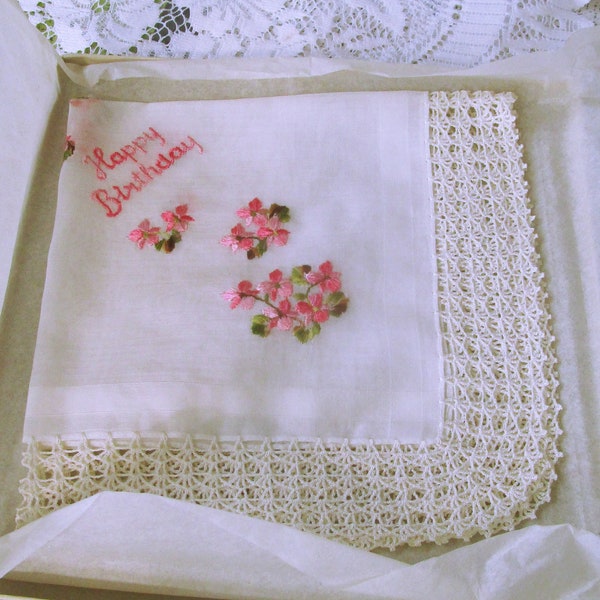 Happy Birthday, Vintage Hanky, Embroidered Hanky, Handkerchiefs, Lace Handkerchief, Lace Hanky, Vintage Accessories, Birthday Gift