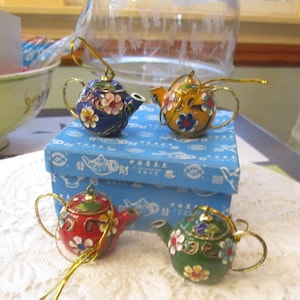 4, Cloisonne Teapots, Teapot Ornaments, Tea Lovers Gift, Miniature Teapots, Cloisonne Ornaments
