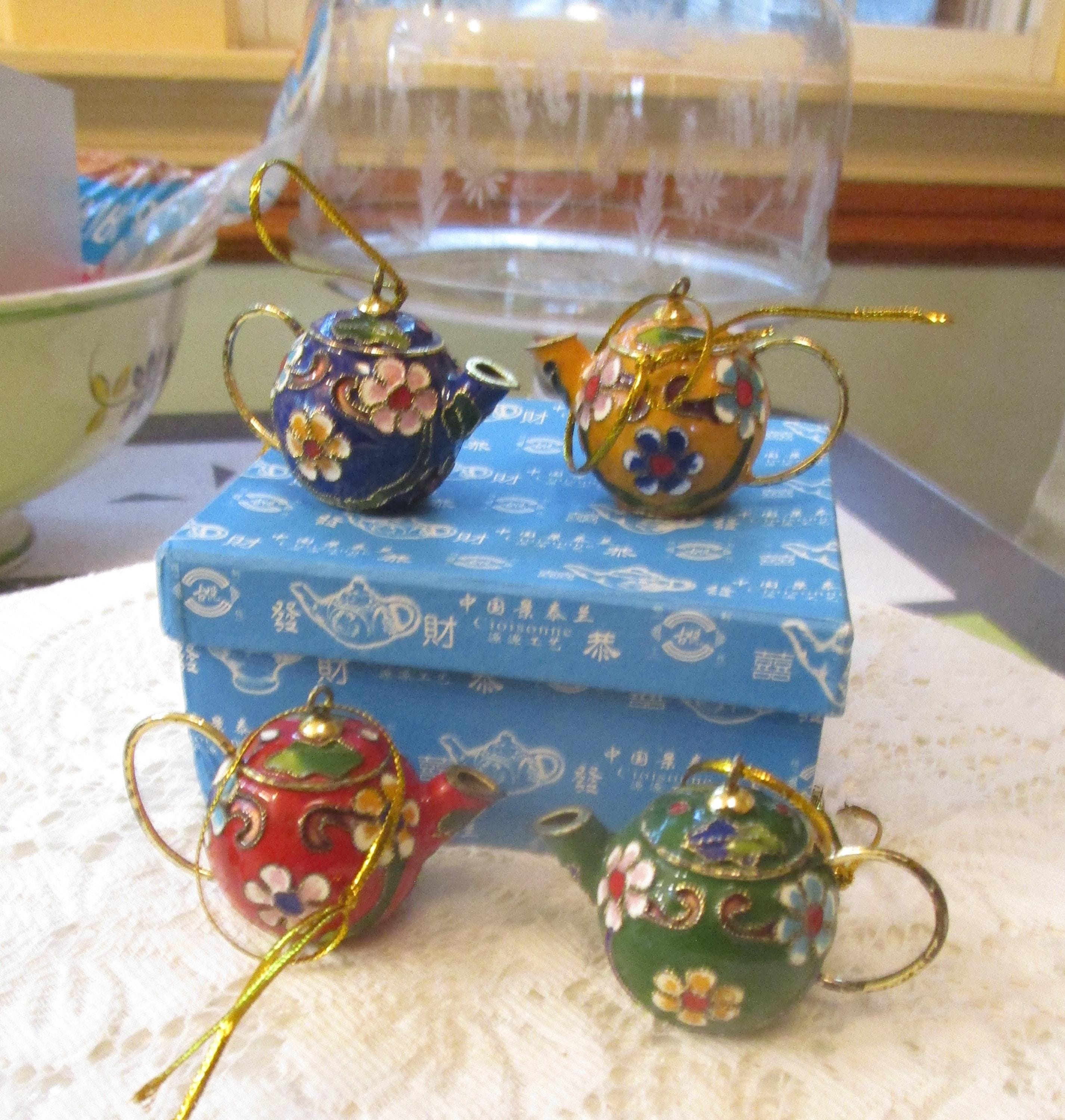 4, Cloisonne Teapots, Teapot Ornaments, Tea Lovers Gift, Miniature Teapots, Cloisonne Ornaments