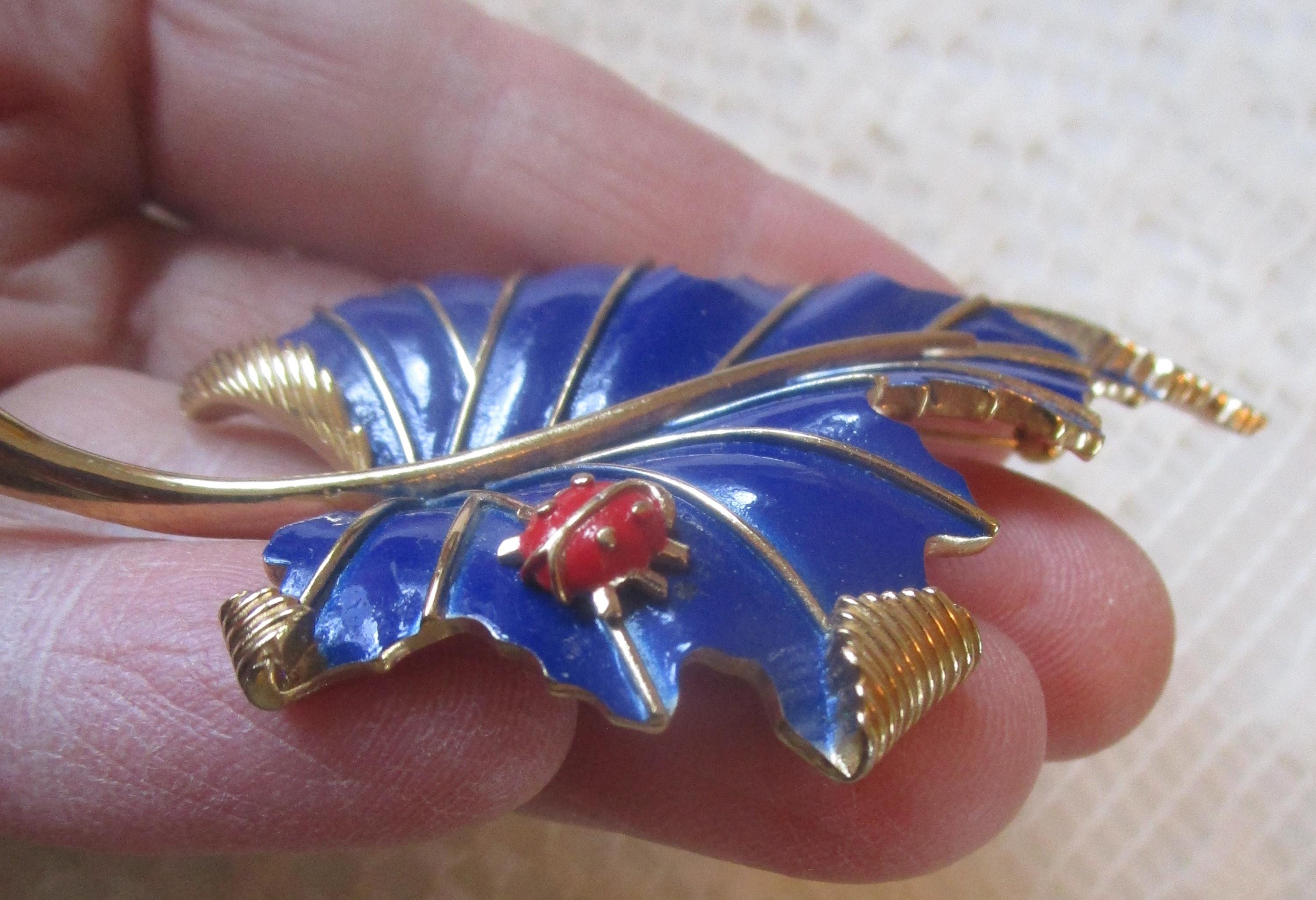 Trifari Blue Enamel Leaf Brooch With Ladybug - Etsy
