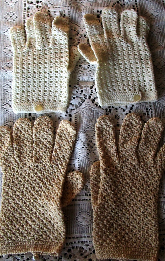 2 Pr, Crocheted Gloves, Vintage Gloves, Ladies Gl… - image 2