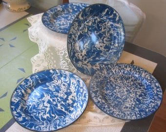 4 10in, Antique Blue Swirl Enamelware Plates