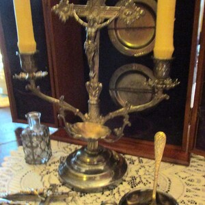 Antique, Last Rites, Oak Box, Vintage Crucifix, Altar Cross, Holy Water ...