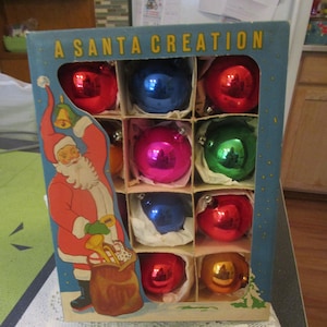 One Dozen, Glass ornaments, Czechoslovakian, Santa Creation, Vintage Christmas, Boxed Ornaments, Mercury Glass, Vintage Ornaments