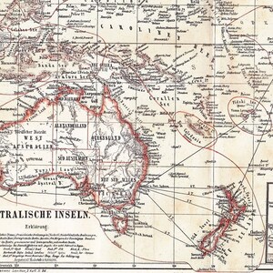 Océanie de 1874 avec l'Australie et la Nouvelle-Zélande et cartes en coupe de Port Jackson et de Port Philip vers 1874 Carte allemande ancienne originale
