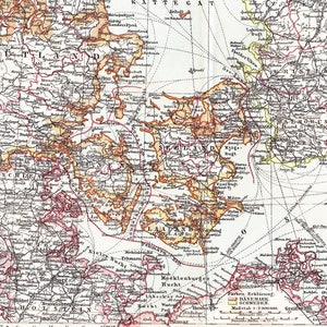 1903 DINAMARCA, COPENHAGUE y el sur de SUECIA, Estocolmo con mapa seccional de Islandia a principios del siglo XX. Mapa antiguo original.