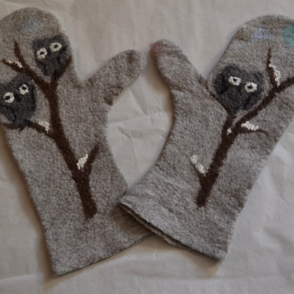 Mittens Owls, winter, bird, handmade, felted, felt, wool, accessories, present, Christmas