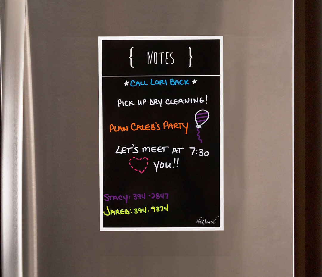 CapCut came with little chalkboard crayons too. The fridge works grea, magnetic  contact paper