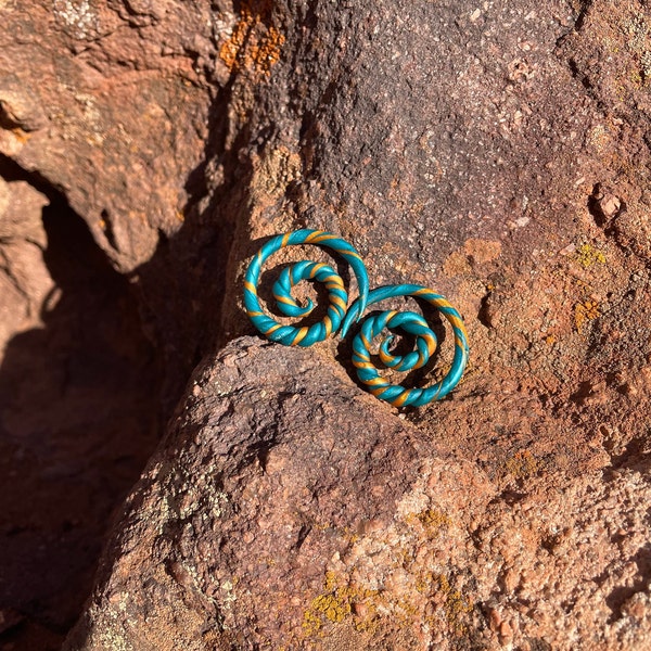 Golden Turquoise Spiral Gauge Earrings Size 4g • 6g • 8g ~ Lightweight Boho Spiral Hoops Iridescent Egyptian Body Jewelry