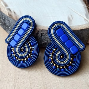 Small square blue and gold soutache jewellery clip on earrings for women, cobalt blue art deco women stud earrings, everyday gold earrings image 2
