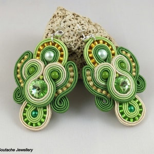 Green Soutache Swarovski Crystal Earrings: Sterling Silver Studs