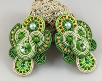 Green soutache crystal Swarovski earrings studs, Dangle medium earring studs, shades of green earrings, green and yellow earring studs