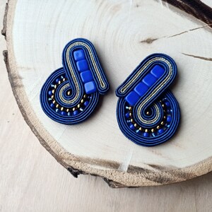 Small square blue and gold soutache jewellery clip on earrings for women, cobalt blue art deco women stud earrings, everyday gold earrings image 1