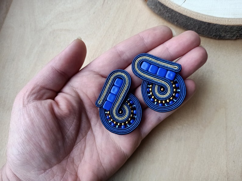 Small square blue and gold soutache jewellery clip on earrings for women, cobalt blue art deco women stud earrings, everyday gold earrings image 3