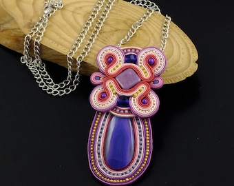 Soutache statement jewellery necklace, Boho purple pendant, Agate gemstone necklace, Beaded floral necklace, Soutache pendant for her