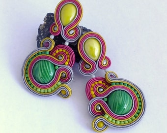 Colorful statement dangle soutache earrings, Purple and green clip on earrings, Yellow and grey bead soutache earrings, Watermelon earrings