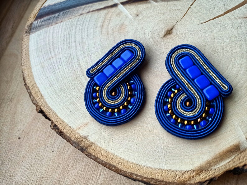 Small square blue and gold soutache jewellery clip on earrings for women, cobalt blue art deco women stud earrings, everyday gold earrings image 5