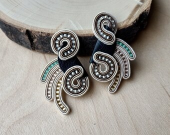 Small brown leather beige soutache jewellery earrings, art deco minimalist stud earrings for women, delicate statement silver earrings gift