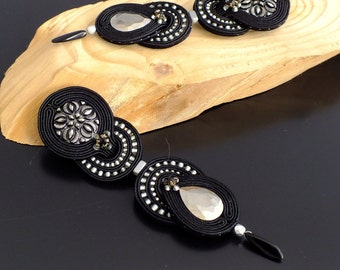 Black soutache statement earrings, Silver soutache jewellery earrings, Black clip on earrings, Dangle black earrings, Beaded black studs