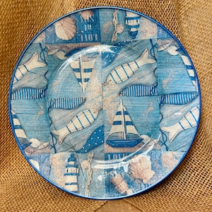 Nautical decoupaged, decorative plate, seaside decor, sailboat design, coastal accent dish, decorative glass plate