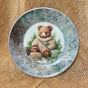 Christmas Teddy bear glass plate, decoupaged holiday plate,  Santa’s cookie plate, dessert plate, decorative plate