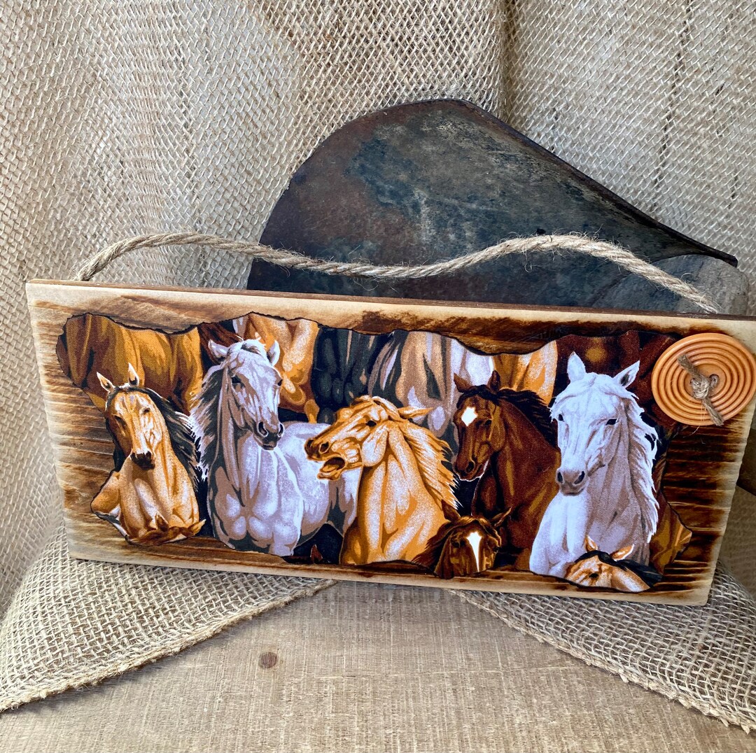 Horse Decor, Horses Wall Hanging, Equestrian Art, Decoupaged Horses, Wood Board With Horses