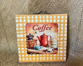 Coffee theme shelf sitter wood block, coffee grinder kitchen decor