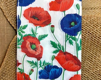 Flores de amapola rojas y azules, servilletas de invitados con diseño para decoupage, manualidades con papel.