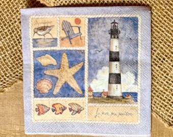 Seashells Lighthouse Decoupage Napkins, Nautical Oceanside Paper Crafts