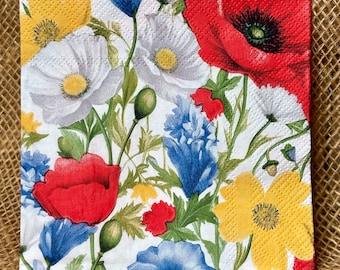 Servilletas para decoupage con diseño de flores silvestres y amapolas, diseño floral, servilletas para manualidades, servilletas para decoupage, manualidades con papel, diario basura