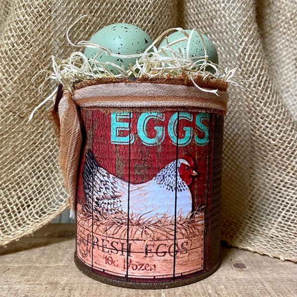 Primitive Tin Can, Primitive kitchen decor, Rustic home decor, Rustic tabletop decor, Primitive shelf decor, Rusty cans, farm fresh eggs