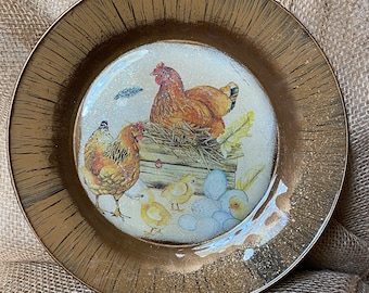 Chicken Glass plate, Chicken dinner plate, decoupaged plate, table accent, glass dish centerpiece, chicken dinner plate, cake dish
