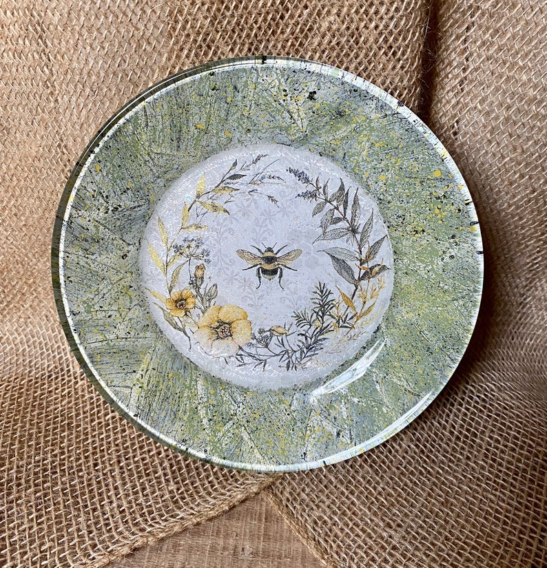 Glass Plate Decoupaged Decorative Honeybee Plate Cottage Etsy