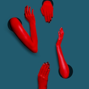 Reaching Out, 4"x6" Postkarten Set, rote Hände ragen aus der Wand empor, surreale/figurative/digitale Kunst, das perfekte Geschenk für Ihre Lieben.