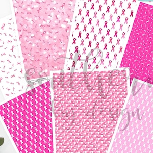 May include: Set of six pink and white digital paper designs featuring pink ribbons. The designs include a pink ribbon pattern, a pink ribbon pattern with white dots, a pink ribbon pattern with white hearts, a pink ribbon pattern with white triangles, a pink ribbon pattern with white squares, and a pink ribbon pattern with white stars. The text "MORE SIZES" is in blue text on a white background.
