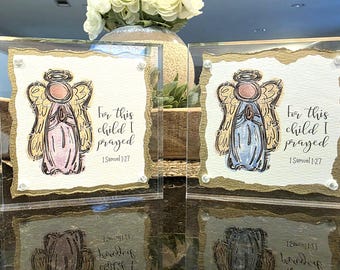 Angel "For This Child I Prayed" Original Fine Art Print with Acrylic Frame, Bible Verse Art