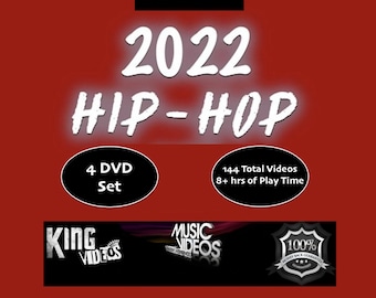 May include: A red background with white text that reads "DVD VIDEO" in a circle. Below the circle is the text "2022 HIP-HOP". Below that is a black circle with white text that reads "4 DVD Set". To the right of that is a black circle with white text that reads "144 Total Videos 8+ hrs of Play Time". Below that is a banner with the text "KING VIDEOS" in white on a black background. To the right of that is a banner with the text "MUSIC VIDEOS" in white on a black background. To the right of that is a banner with a shield that has the text "100% MONEY BACK GUARANTEED" in white on a black background.