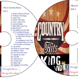 May include: Two red, white, and blue CDs with the words "Country Hits" and "King Vid" on them. The CDs are labeled "This is Country Music" with volumes 3 and 4. The CDs list song titles on each side.