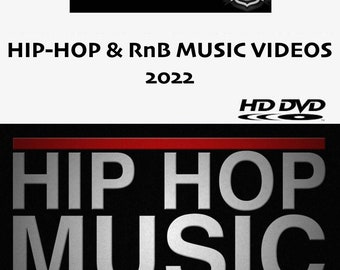 May include: A DVD cover with a black background and red stripes. The text "HIP HOP MUSIC" is in white with a silver outline. The text "HIP-HOP & RnB MUSIC VIDEOS 2022" is in black. The text "HD DVD" is in white with a black outline.