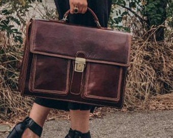 Leather briefcase executive briefcase bag business bag conference bag satchel office bag shoulder folder shoulder bag men brown