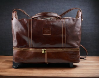 Leather trolley travel bag brown leather duffle weekender overnight leather bag two wheels leather cabin luggage airplane carryon airplane